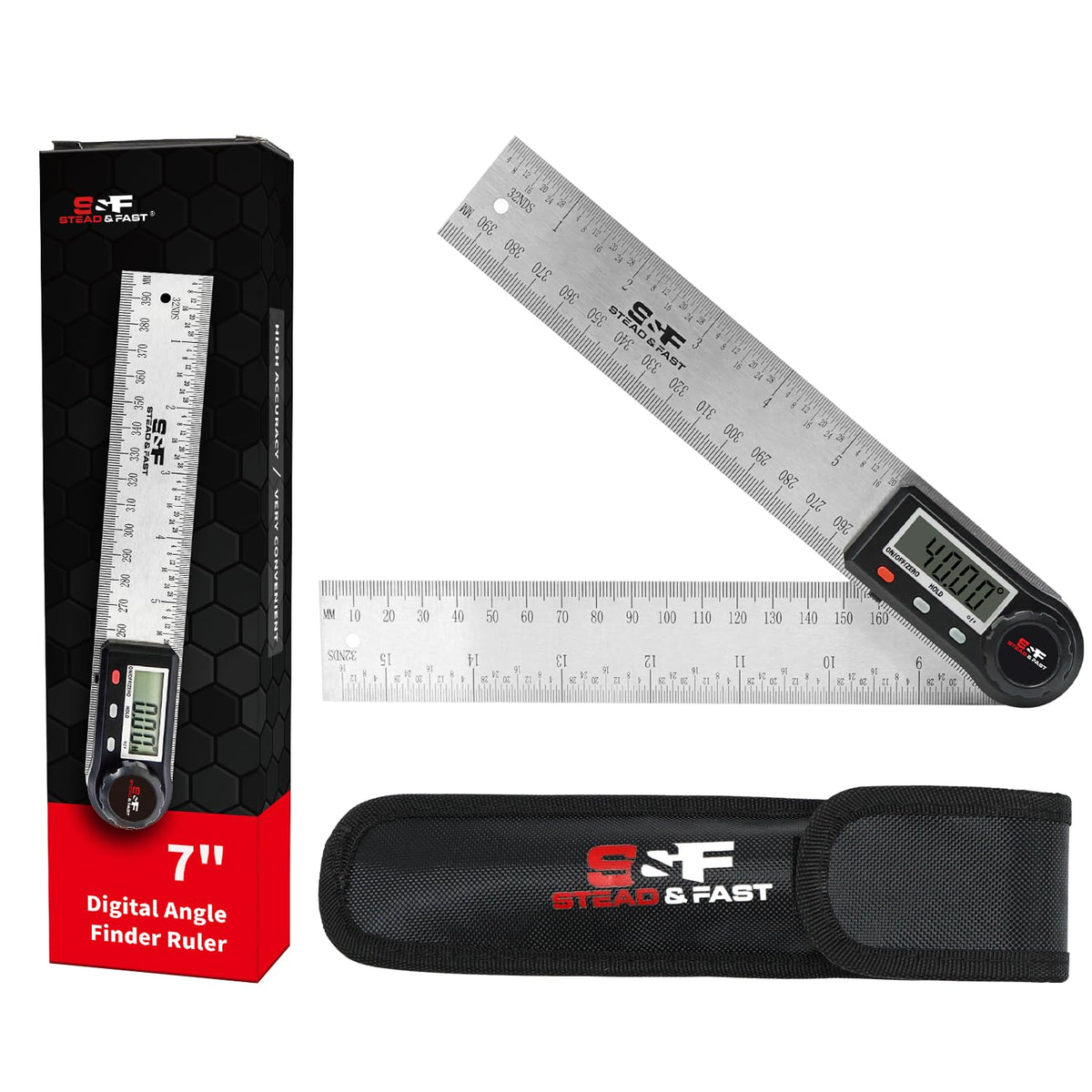 S&F STEAD & FAST Stainless Steel Digital Angle Finder Tool, 7 Inch / 200 mm | Hold & Zero, Slope & Degree, Auto power off, Large LCD, Laser-etched scale, Compact, for Woodworking & Renovation & Table saw