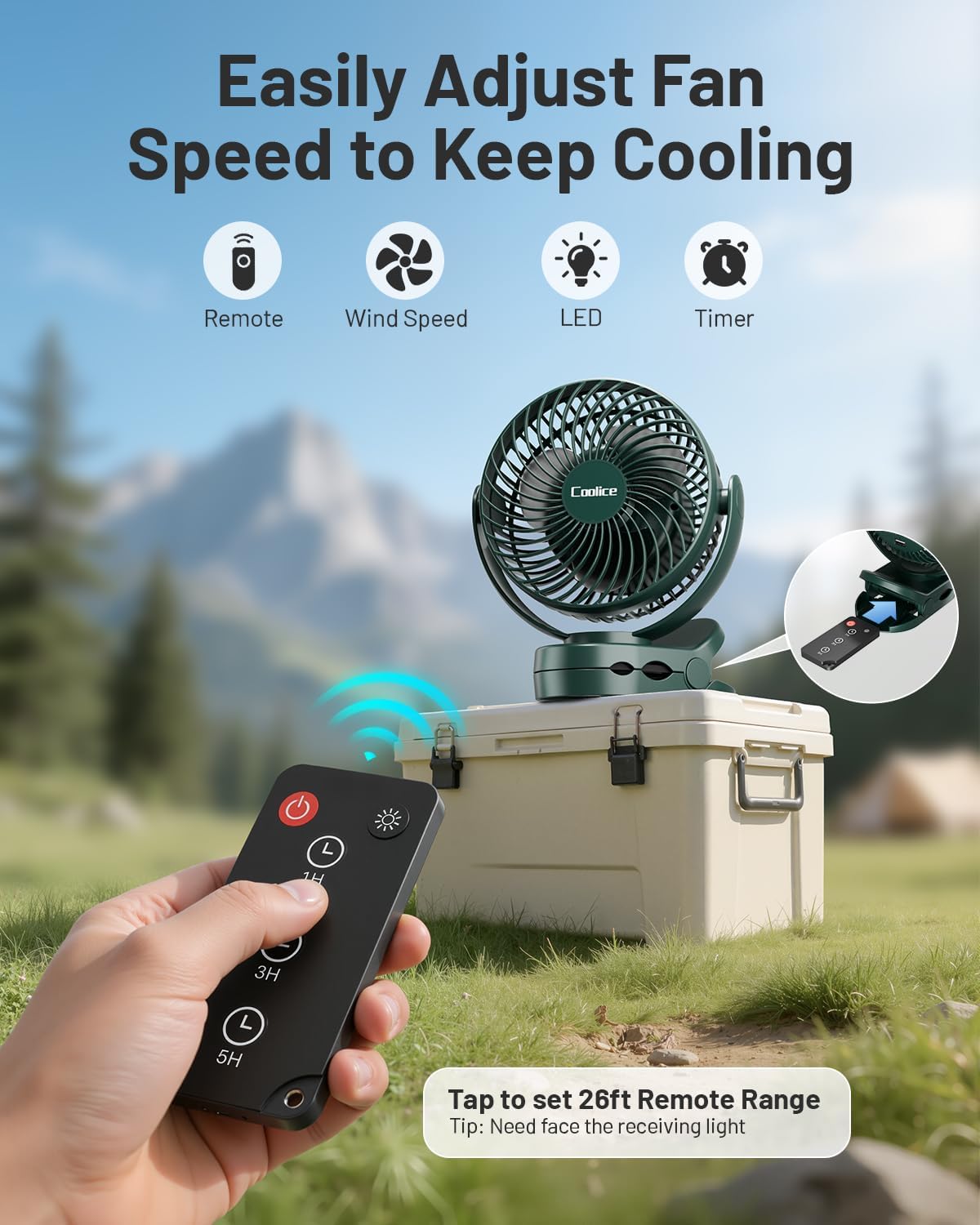 Camping Fan with Remote Control - 12000mAh Rechargeable Battery Powered Fan, Camping Fans for Tents with LED light & Hanging Hook, Rechargeable Battery Operated Ceiling Fans for Tent RV Bed, Green