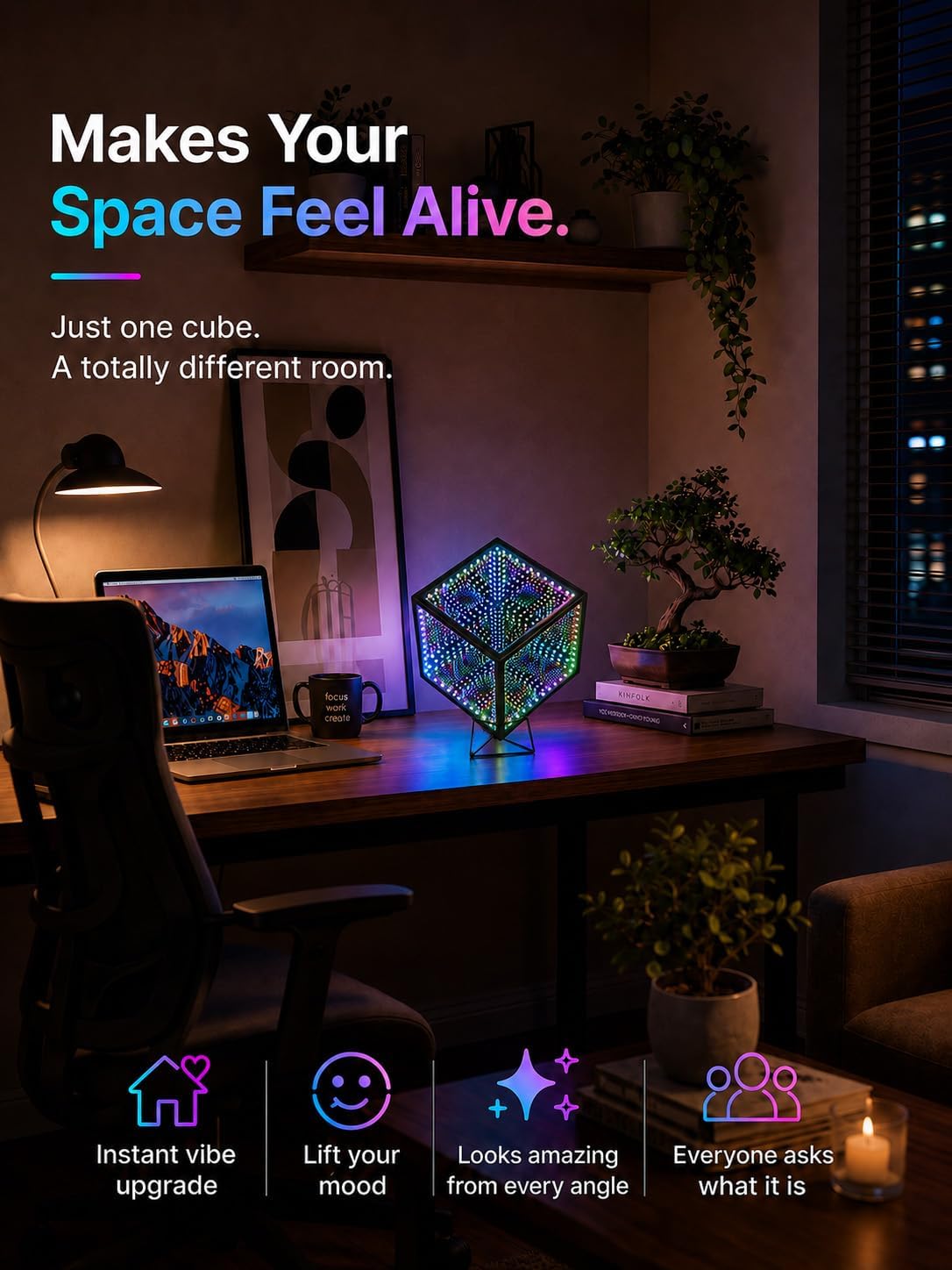 Infinity Mirror Hyper Cube Table Lamp, Desk Art Night Light, Color-Changing Sound-Activated APP-Controlled Ambient Light for Gaming, Party, Home, Gift (6 Inches)