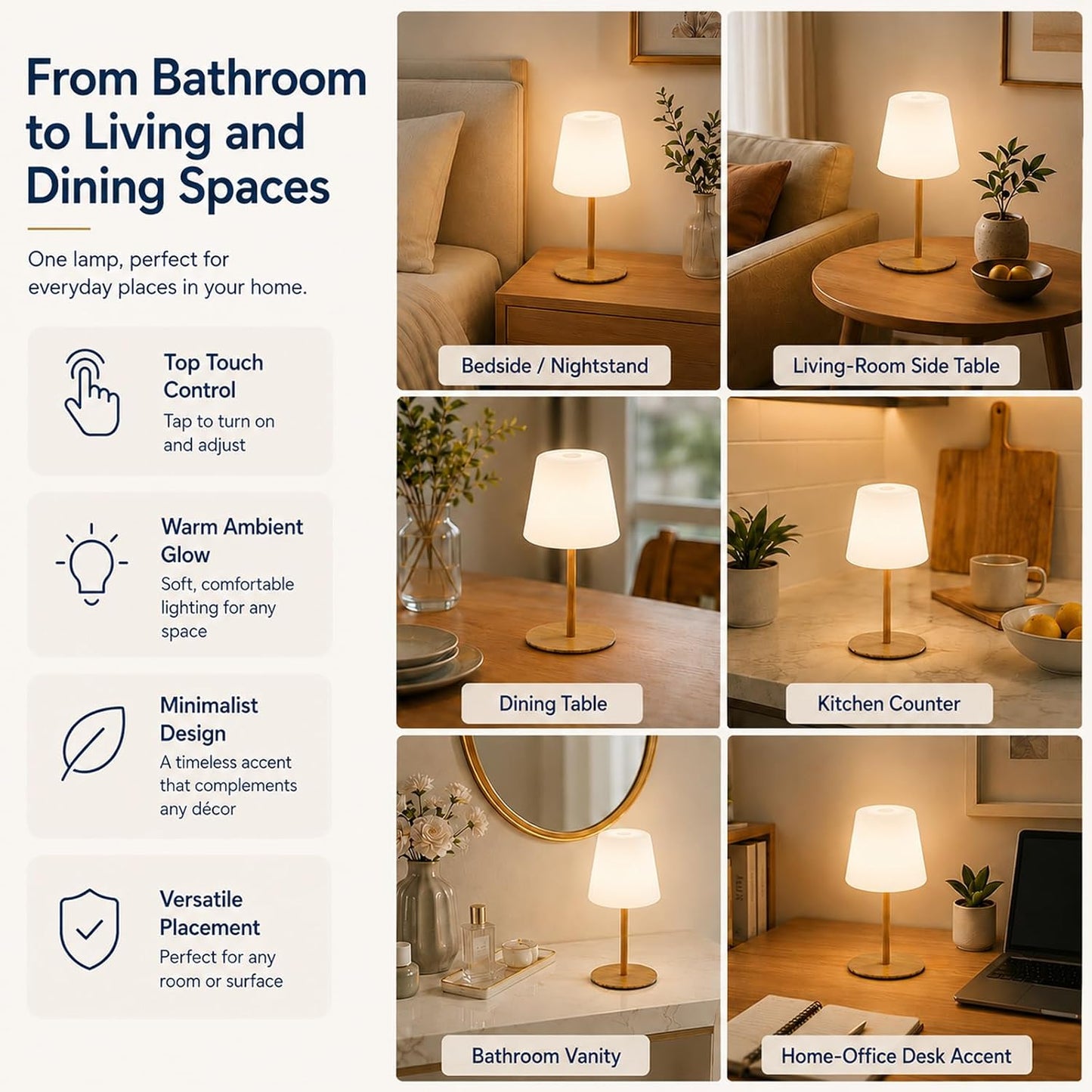 IP65 Waterproof Shower Lamp, Cordless Rechargeable Table Lamp, Wood Grain | Bathroom To Bedside Glow, Touch-Dim Comfort, 4000mAh USB-C Ease, 12-24H Light, 3 Light Moods, 2-Height Fit