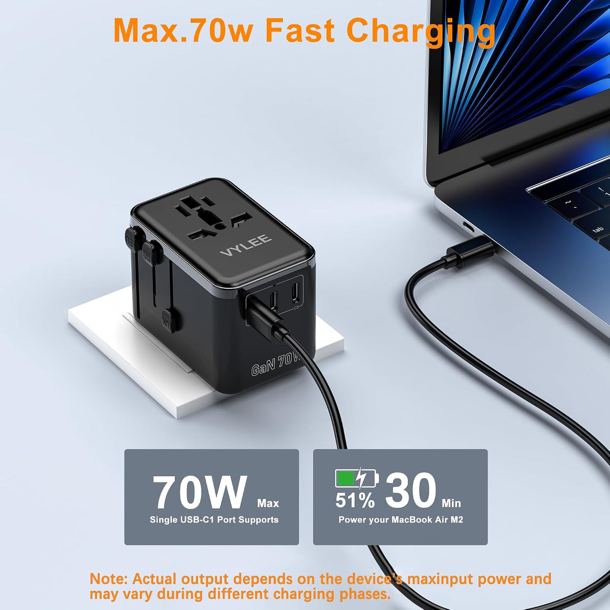 VYLEE 70W GaN International Travel Adapter, Universal Travel Adapter | 3 USB-C & 1 USB-A Ports, Worldwide Wall Charger for US to Europe, UK, Ireland, AU, Asia, Works in 200+ Countries