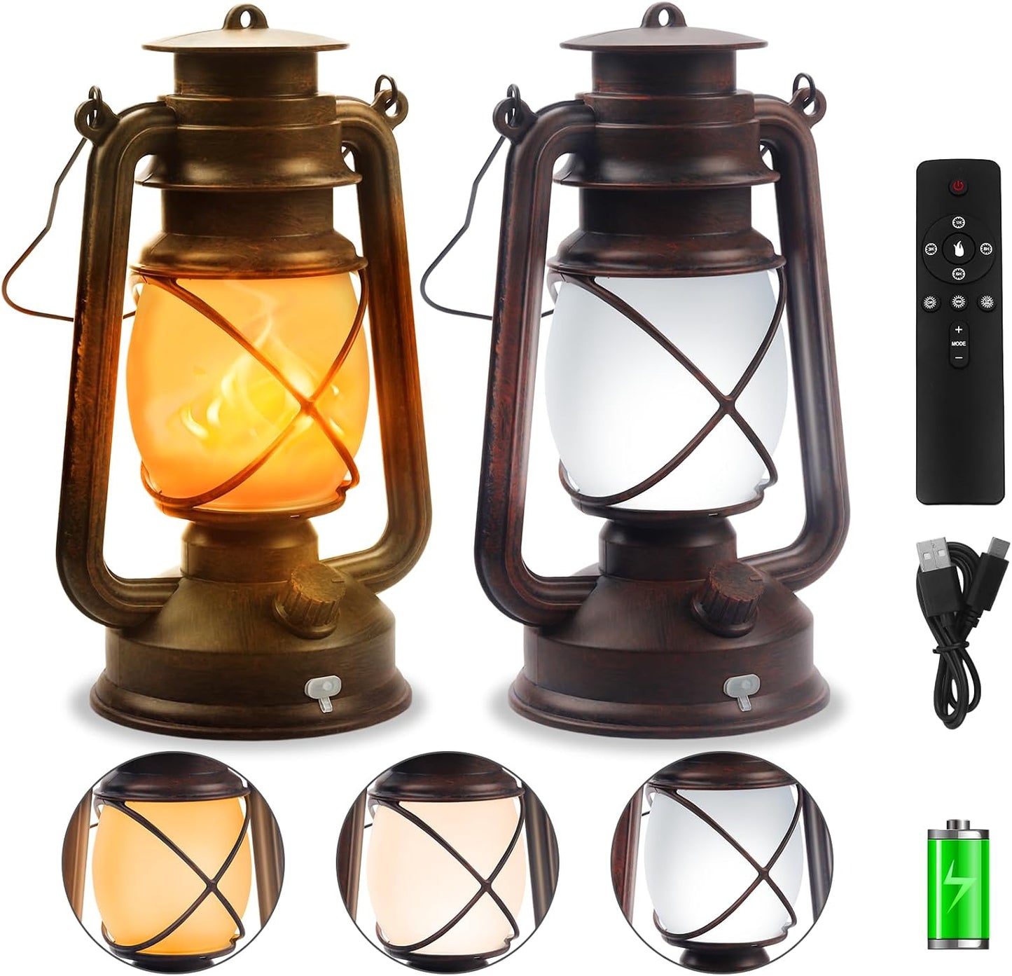 2 Pack Bronze Vintage 4 Modes Rechargeable Lanterns with Remote Control | Waterproof Hanging LED Lights with Flickering Flame, Outdoor and Indoor Decor for Camping, Patio, Garden, Pathway