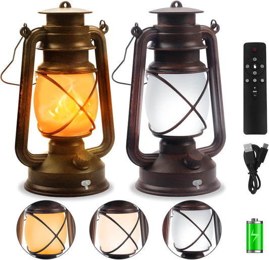 2 Pack Bronze Vintage 4 Modes Rechargeable Lanterns with Remote Control | Waterproof Hanging LED Lights with Flickering Flame, Outdoor and Indoor Decor for Camping, Patio, Garden, Pathway