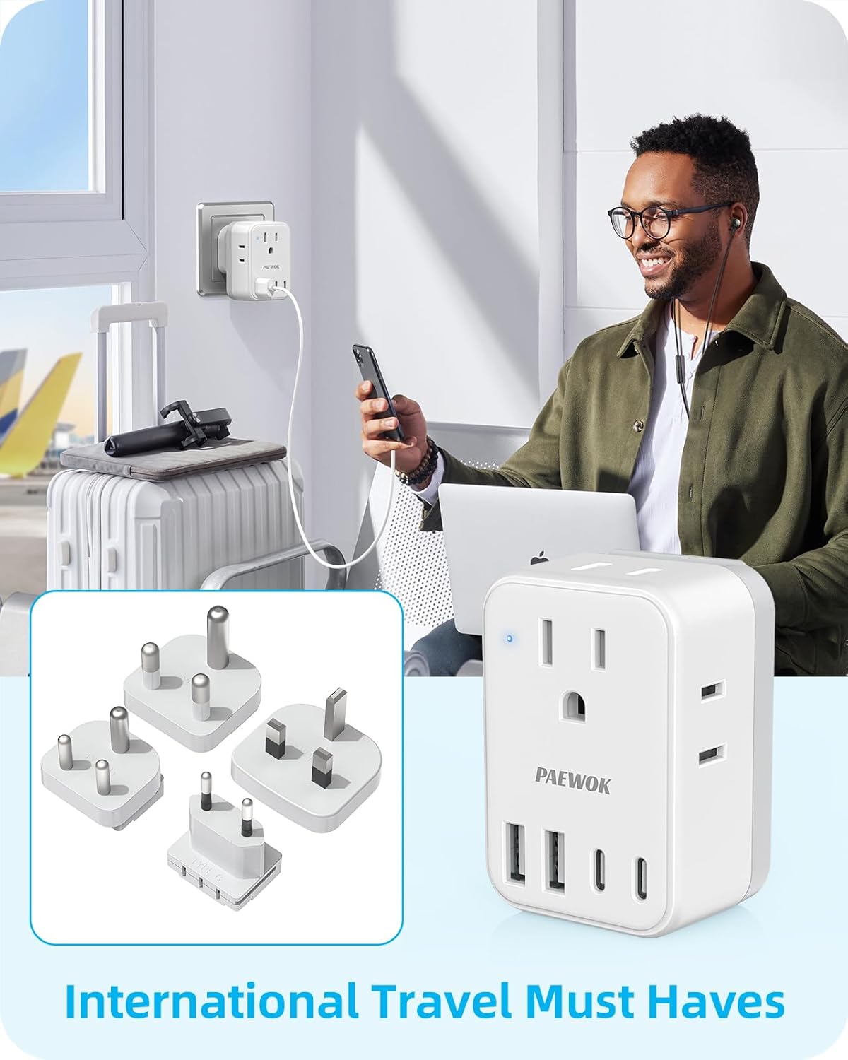 PAEWOK Travel Adapter Set with Type G/C/M/D Detachable Plug | European Travel Plug Adapter, 4 AC Outlets 4 USB Ports (2 USB C), US to UK/EU/South Africa/India, Universal Travel Adapter