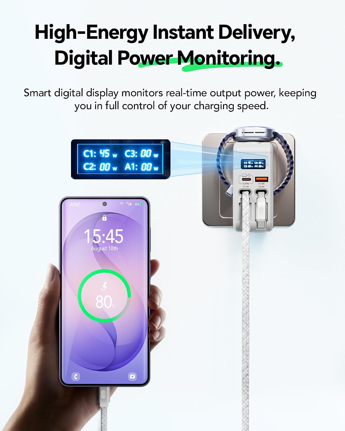 5-in-1 67W Retractable Charger for Galaxy Watch 9/Ultra 2,Galaxy S26,Buds4 | for Galaxy Watch Charger(Not for Apple Watch) with Smart Display, Retractable Wall Charger for Laptop/Tablet/Phone, Foldable
