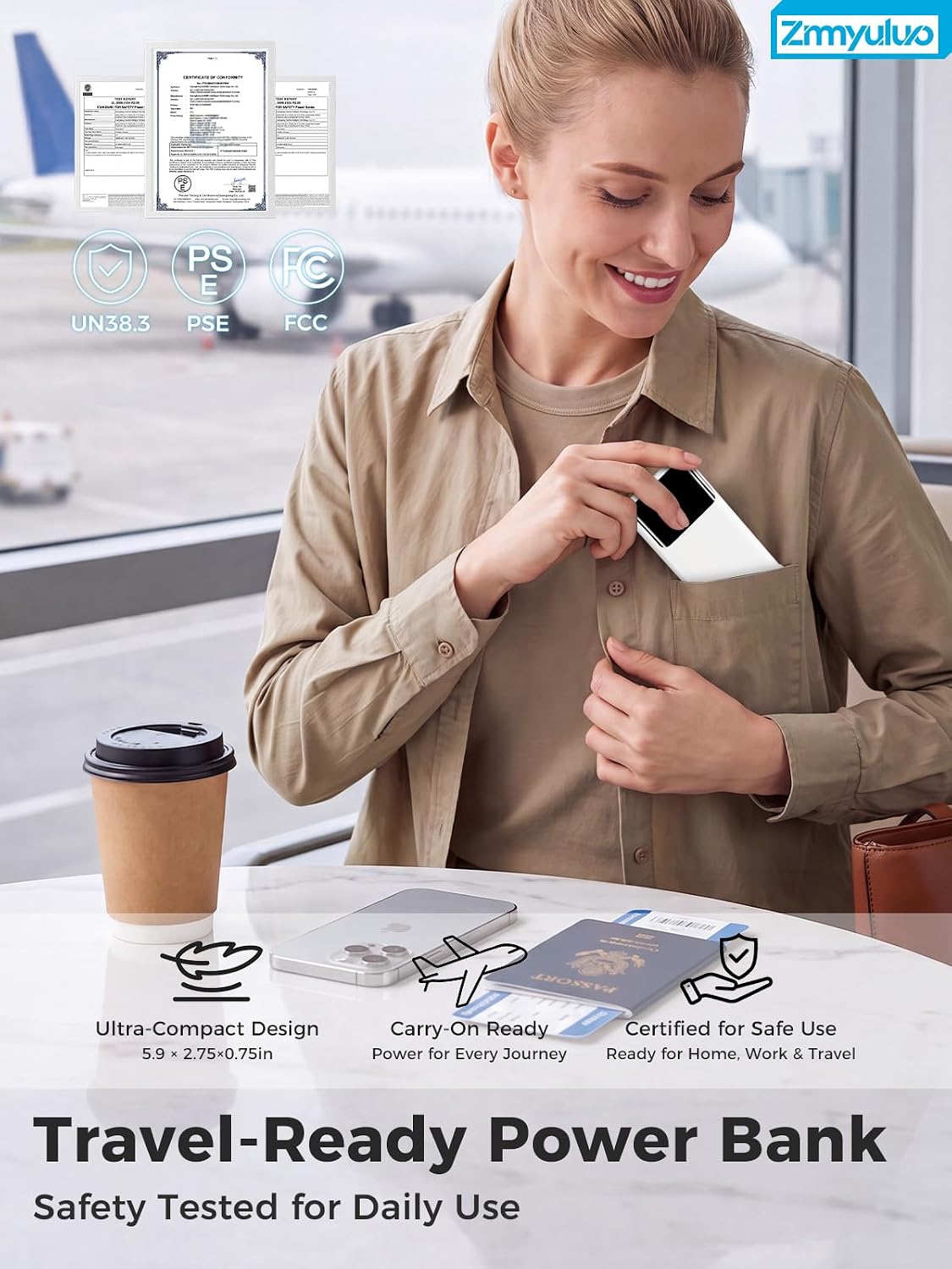 Portable Charger 10000mAh Power Bank with Built-in Cables and Wall Plug | Slim Fast Charging USB-C Battery Pack, LED Display Travel Essential Portable Phone Charger for Cell Phones(Cream)
