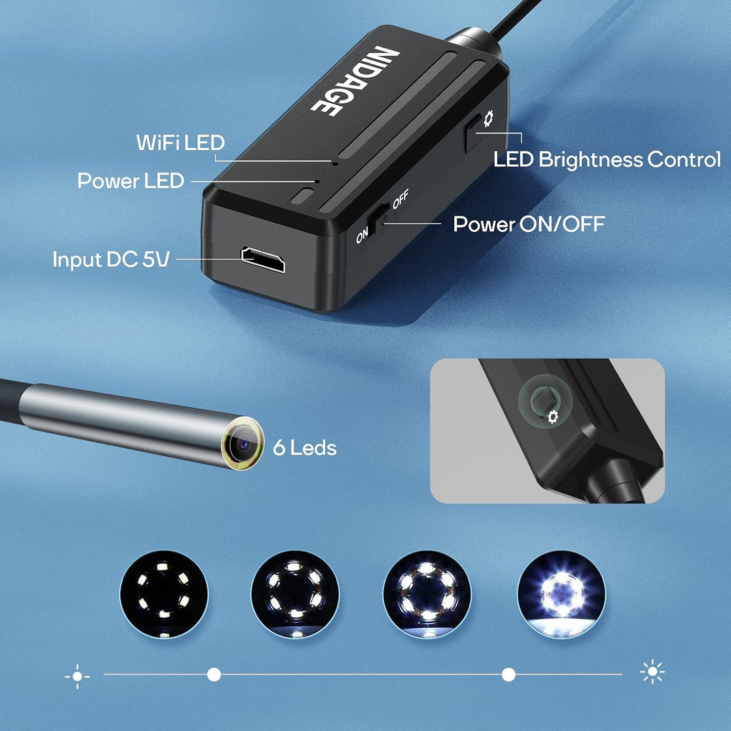 3.9mm Slim Wireless Endoscope, 2.0MP HD Inspection Camera with Light | WiFi Borescope for iPhone & Android, Tablet, 5FT Semi-Rigid Cable, IP67 Waterproof, for Engine, Mechanics, Cool Gadget Gift