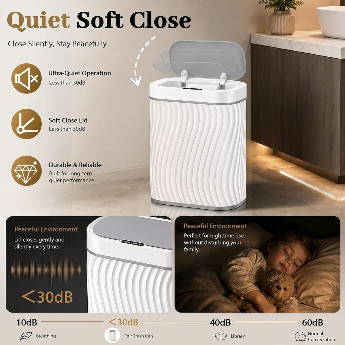 2.6 Gallon Automatic Bathroom Trash Can with Touchless Lid, White Grey
