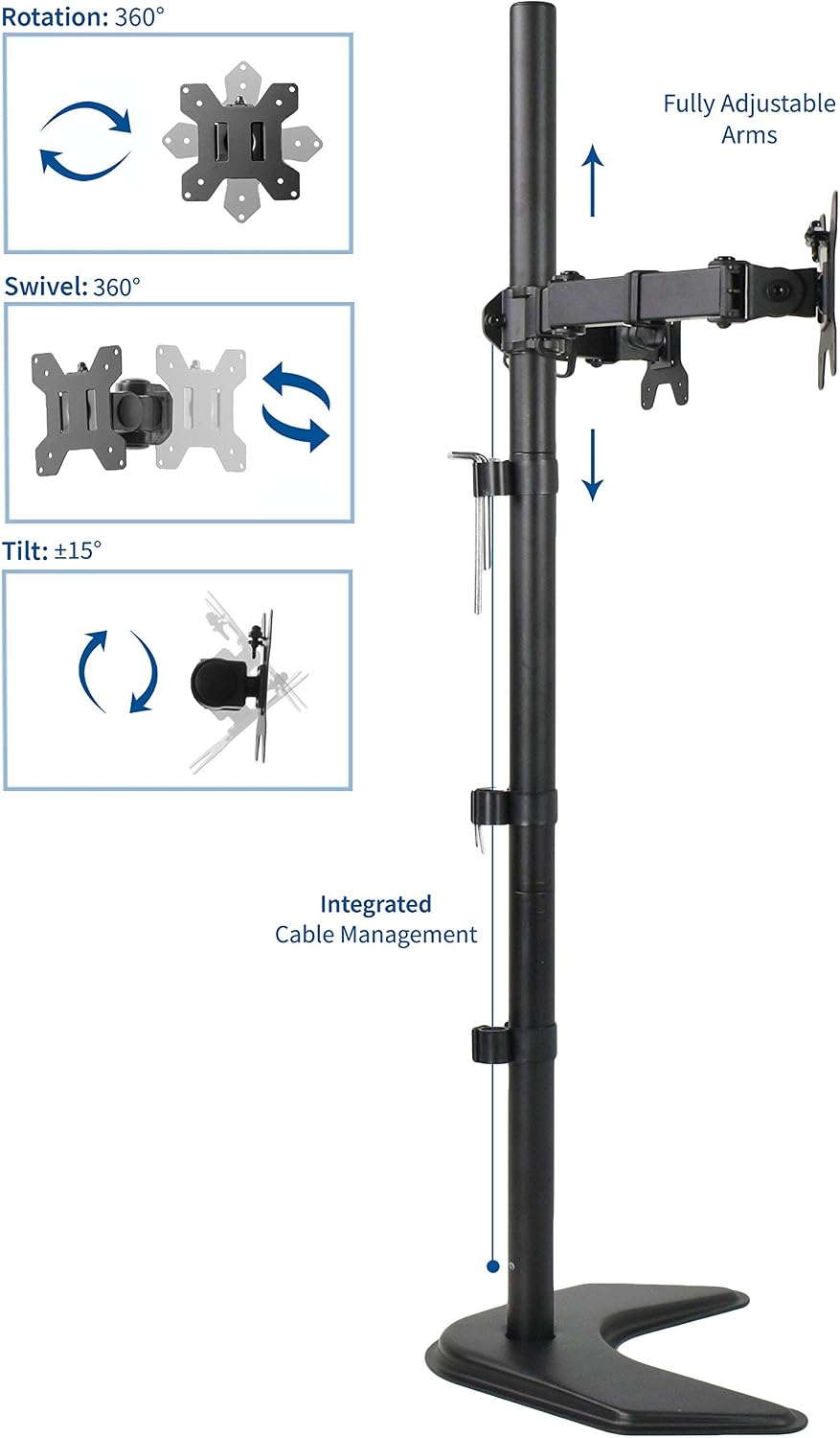 VIVO Dual 13 to 27 inch LED LCD Monitor Free-Standing Desk Stand, Holds 2 Screens, Heavy-Duty Fully Adjustable Arms with Max VESA 100x100mm, Extra Tall 40 inch Pole, Black, STAND-V012F
