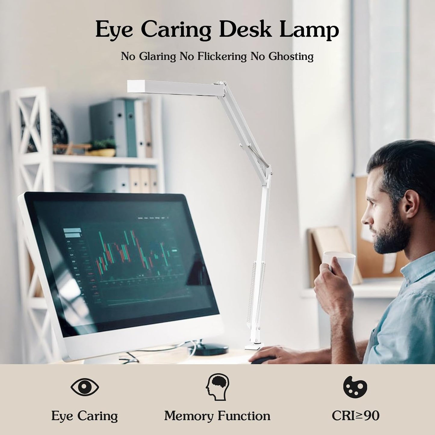 LED Desk Lamp, Manicure Table Lamp, 16" Lamp Head, Dimmable Eye-Caring Drafting Light with 3 Color Modes, 10 Brightness Levels & Adapter, Memory Function(White)