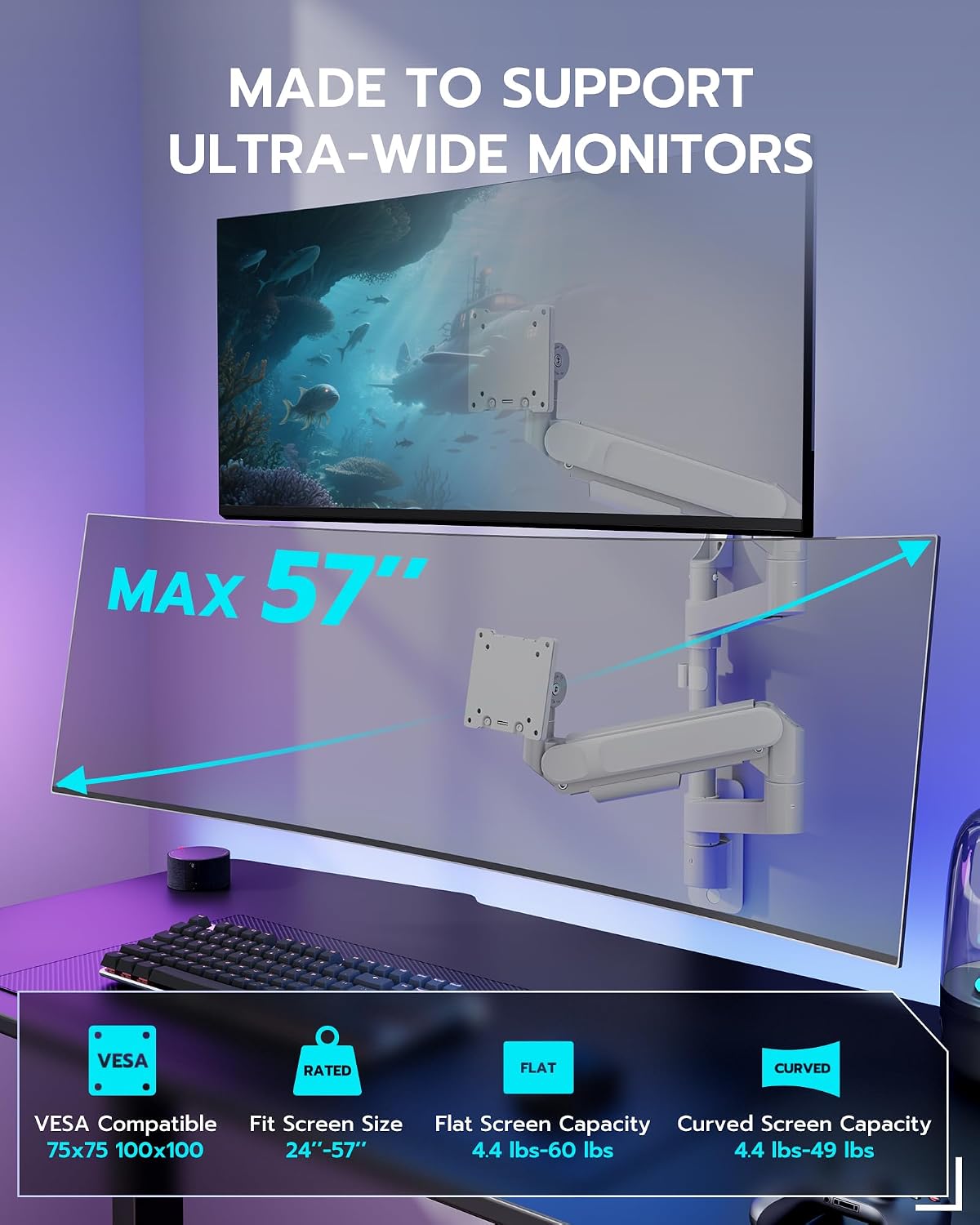 ARES WING Dual Monitor Wall Mount for 24-57 Inch Ultrawide Screen, White