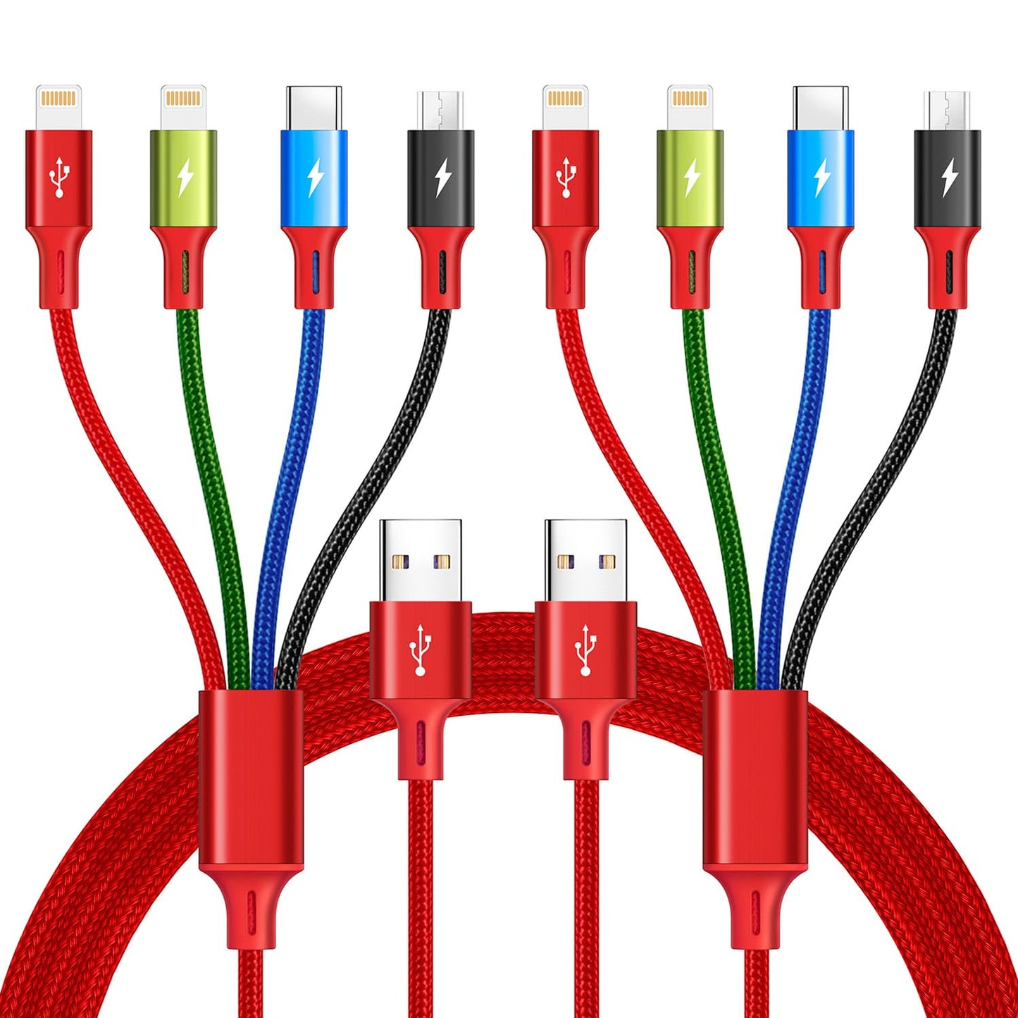 4 in 1 Multi Charging Cable ,3.5A Multiple Charger Cord Braided,2Pack 4Ft | Multi USB Cable, Car Charging Cord with Lightning/Type C/Micro Ports for Cell Phones/iPhone17-8/Tablets/Galaxy & More