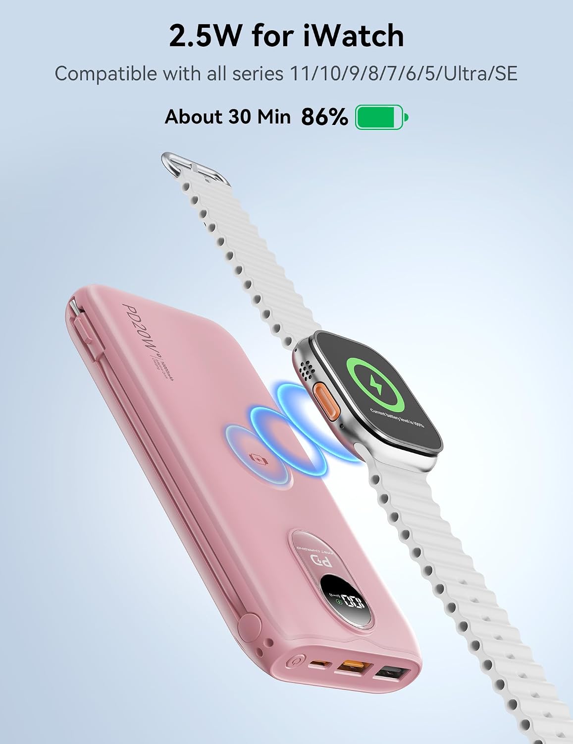Portable Charger 10000mAh 20W, Wall Plug, 2 Cables, iWatch Charging | Digital Display, Compact Lightweight, USB C Fast Charge, USB-A 18W, Multi Protection, Travel Essential, for iPhone 17 16, Pad