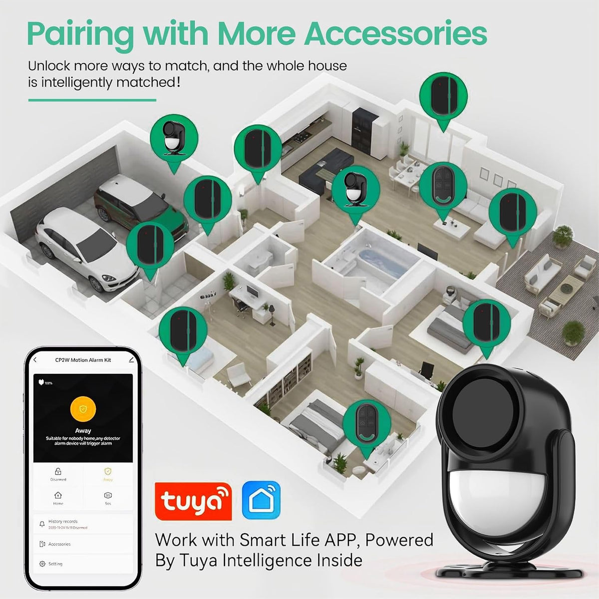 Home Alarm System，2.4G WiFi PIR Motion Sensor Alarm, Wireless DIY Smart Door/Window Alarm for Home Security with Phone APP Alert 4-Piece Kit（2Door Window Sensor），for House Apartment Office,Black