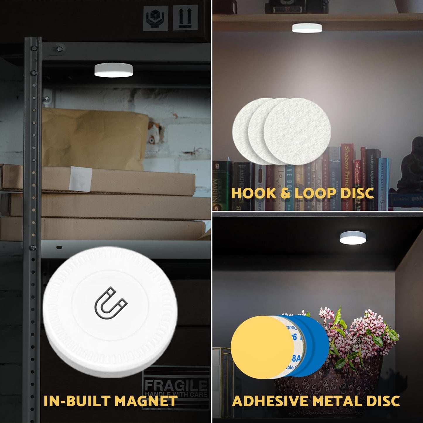 DAZZY DOT Rechargeable Puck Lights 2-Pack, Magnetic Tap Light, Cool White | Dimmable touch control, magnetic & adhesive mounting, 1000mAh rechargeable battery, 8 LED beads, brightness memory