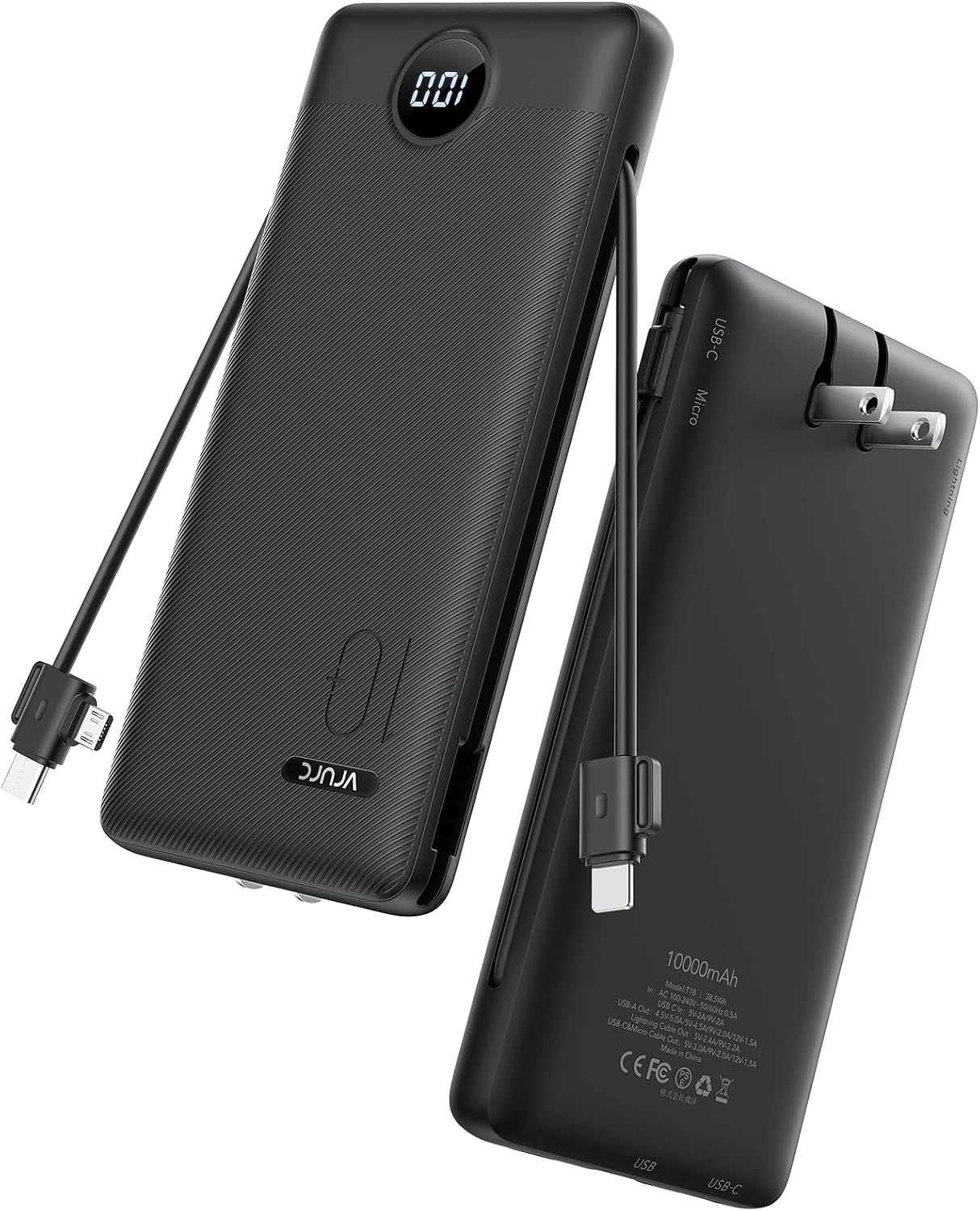 VRURC 10000mAh 22.5W Portable Charger, AC Plug & Built-in Cables,Black | Slim battery pack ,PD 20W fast charging, for business travel,compatible with iPhone & Samsung