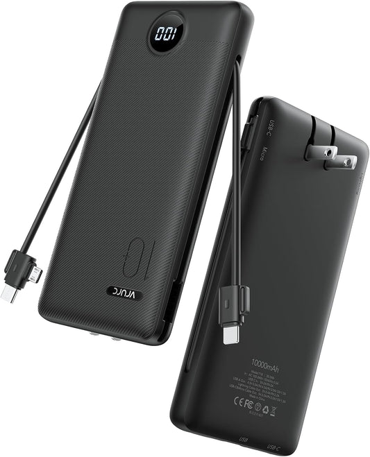 VRURC 10000mAh 22.5W Portable Charger, AC Plug & Built-in Cables,Black | Slim battery pack ,PD 20W fast charging, for business travel,compatible with iPhone & Samsung