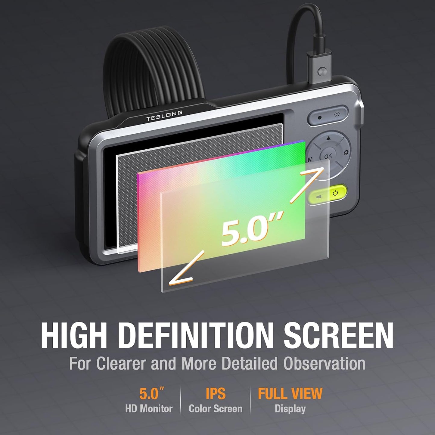 Teslong 5mm Dual Lens Borescope Camera for Home/Automotive/Pipe/Car/Wall | 5" IPS Screen Endoscope, 5FT Cable, 1.0MP HD, 8LED Lights, 32GB TF Card, IP67 Waterproof, 3500mAh Battery, Carrying Case