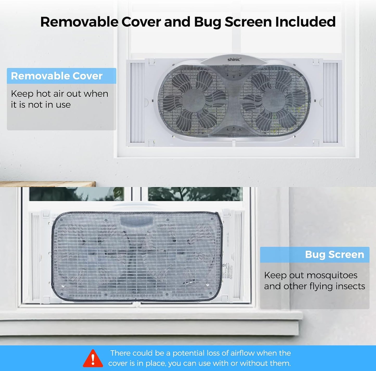 shinic 2026 9 Inch Twin Window Fan – Quiet, Reversible Airflow, with Removable Cover and Bug Screen, 3 Speeds, Adjustable Width 23.5"-37", ETL Certified for Bathroom/Kitchen, ETL Certified
