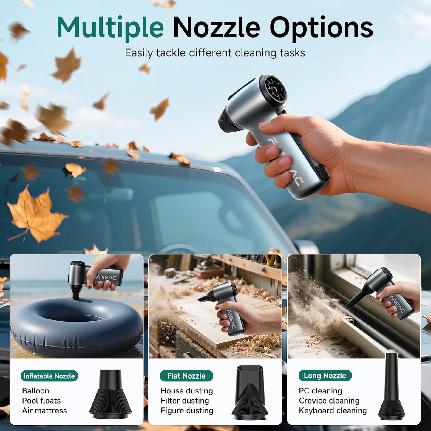 Electric Air Duster 130,000 RPM | 4 Nozzles Handheld Mini Blower, 3-Speed Rechargeable Compressed Air Duster for Dust/Snow Cleaning