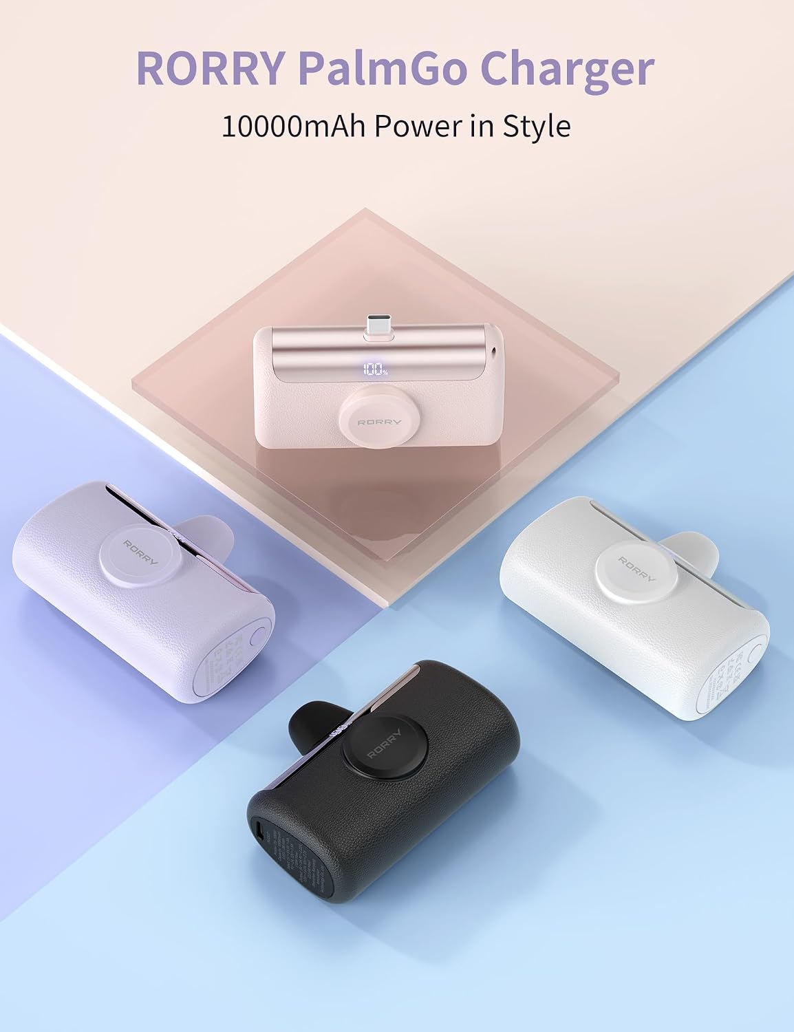RORRY PalmGo Portable Charger Power Bank 10000mAh 3-in-1 Mini Battery Pack | Built-in USB-C Connector, 22.5W Fast Charging, for iPhone 17/16/15, Apple Watch, iPad, Travel Essential, Pocket Size