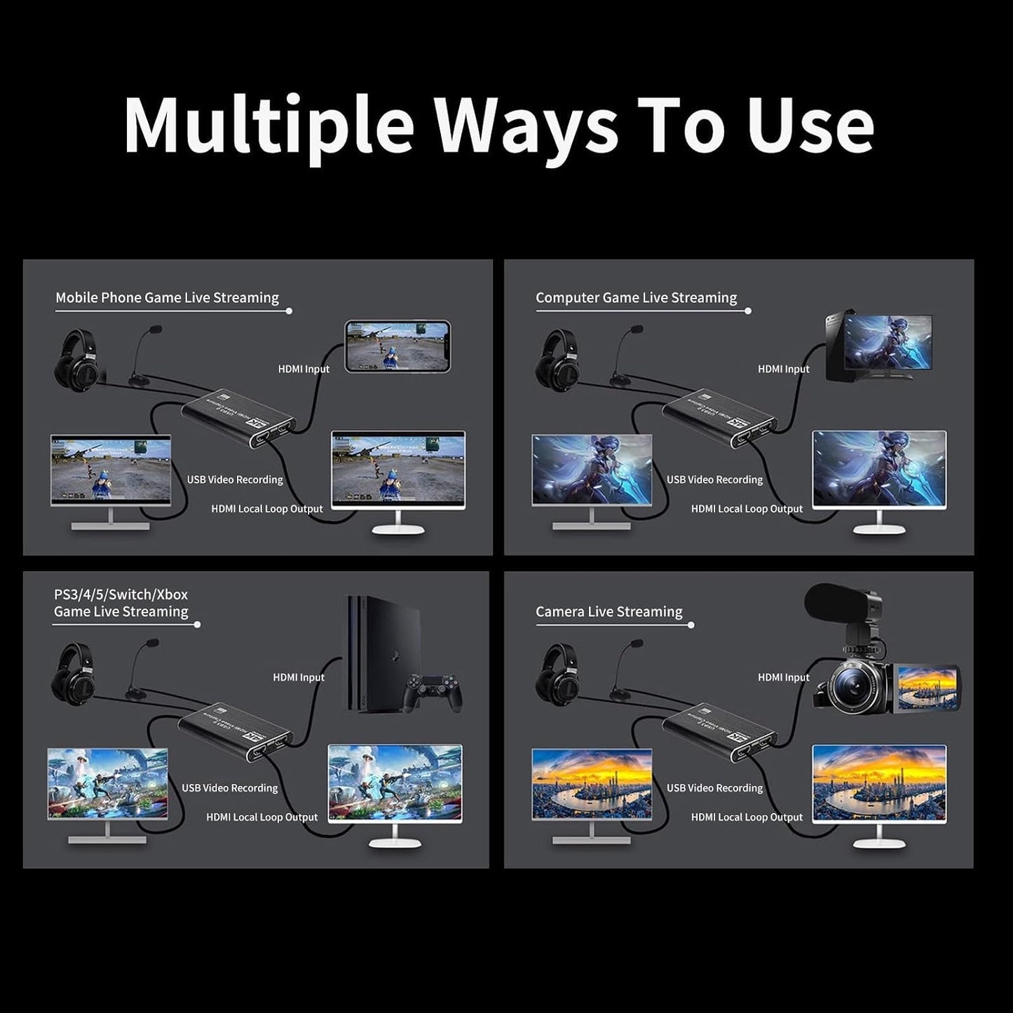 4K HD Video Capture Card, Plug & Play USB 3.0, No Driver Needed | Gaming Capture Card with Microphone for PC/Mac, 1080P 60FPS for Nintendo Switch, PS5, PS4, Xbox, OBS Streaming