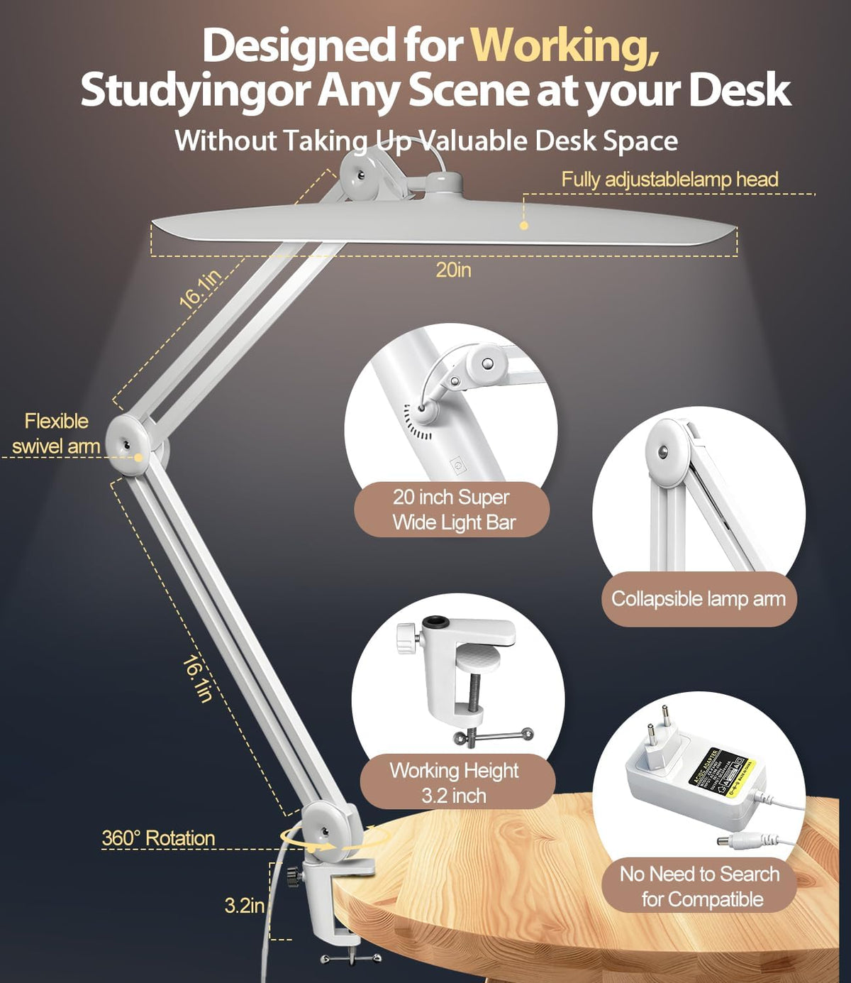 Led Desk Lamp with Clamp, Eye Caring Architect Desk Light for Home Office, Dual Screen Computer Monitor Gooseneck Adjustable Arm 20" LED Lamp, Stepless Dimming, for Nails &Salon, Reading, Workbench
