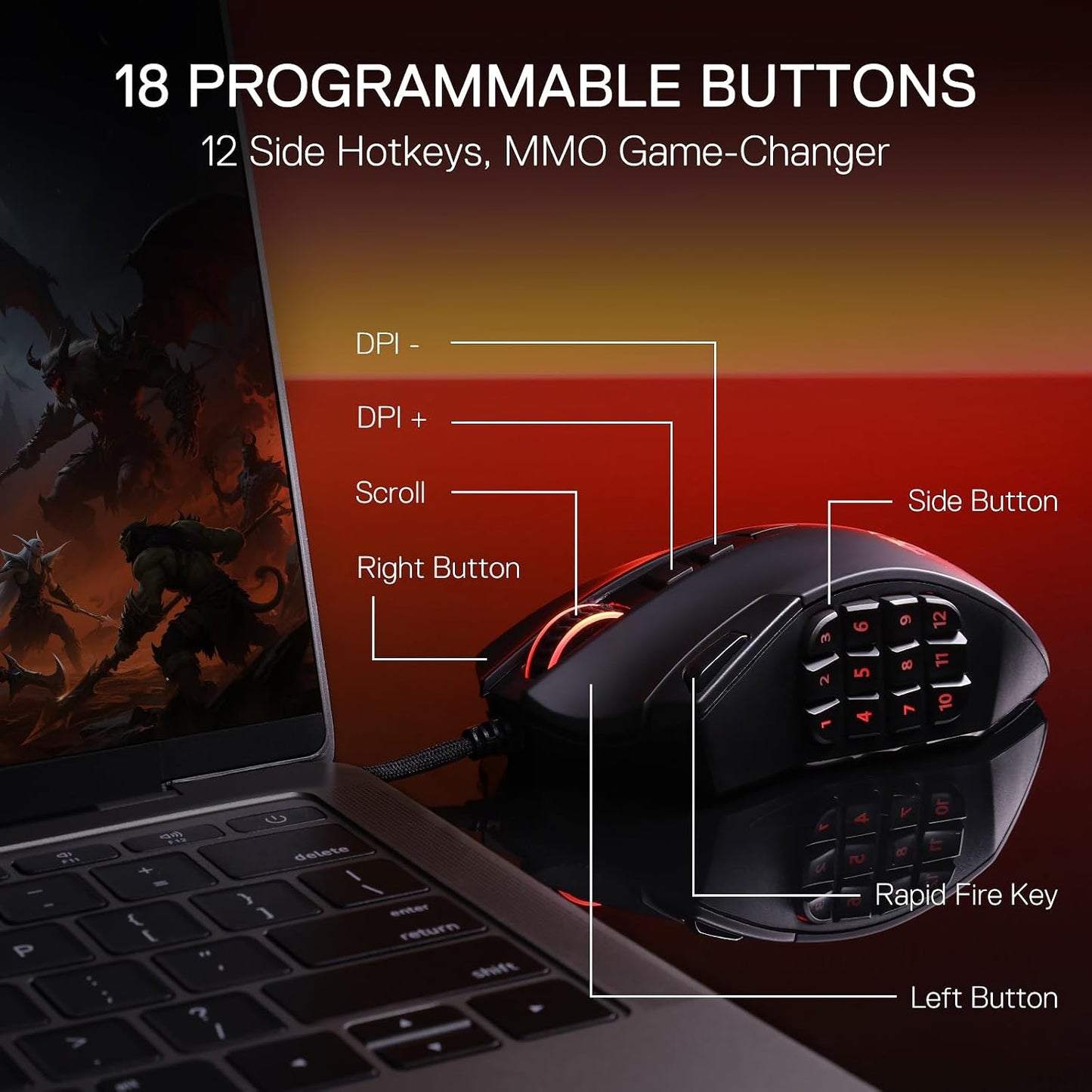 Redragon M921 Wired RGB MMO Gaming Mouse 12400 DPI Remapping Keys | Stable Lag-Free Connection, Smooth Precise Tracking, Custom Macro Keybinds, Vibing Backlight, Ergonomic Grip Body Comfort