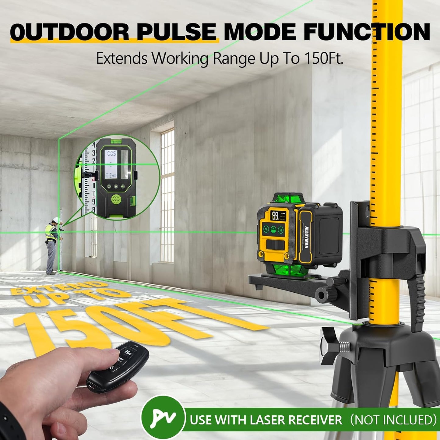 Alloyman 4x360°Self Leveling Laser Level, 12 Ft./3.7M Professional Laser Level Pole with Tripod, Green Line Lazer Leveler Tool with 2* Li-ion Batteries for Picture Hanging, Tile, Home Renovation