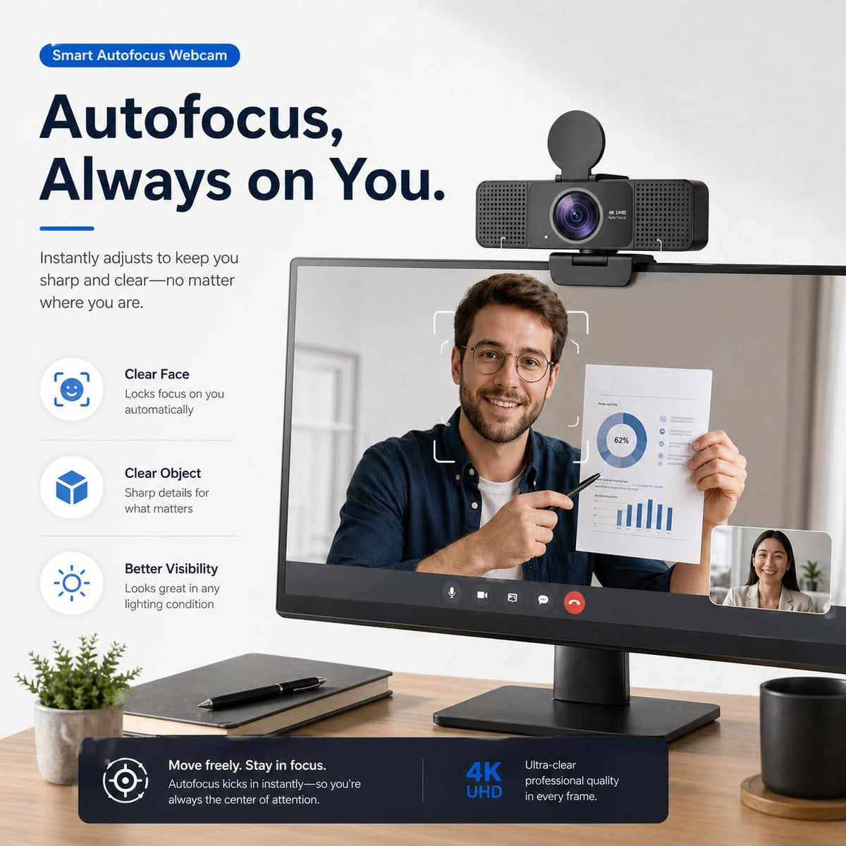 4K Webcam for PC with Dual Microphones,UHD 30fps Web Camera,Autofocus USB Webcam with Privacy Cover,Tripod, Plug & Play Camera for Zoom, Teams, Skype, Streaming, Laptop & Desktop
