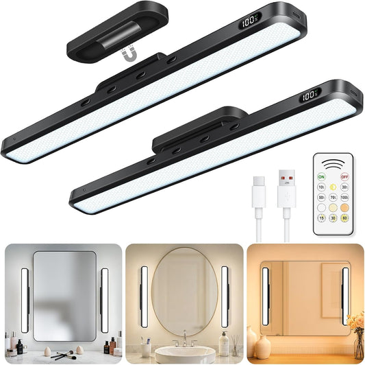 WILLED 3W Mirror Lights with Remote Control,Eye-Friendly Magnetic Light Bar with Battery Level Display,Adjustable Color Temperatures Vanity Lights for Mirror,Makeup Lighting for Bathroom(2 Pack)