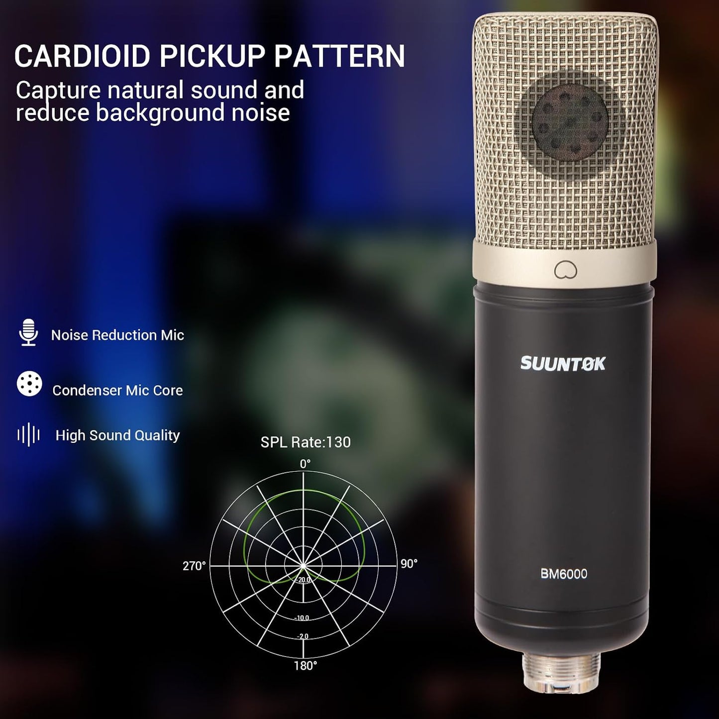 Condenser Microphone XLR, Large Diaphgram Professional Recording Cardioid Microphone Kit w/Shock Mount, for Studio, Live Streaming, Podcasting, Voice-Over, You-Tube (Black)