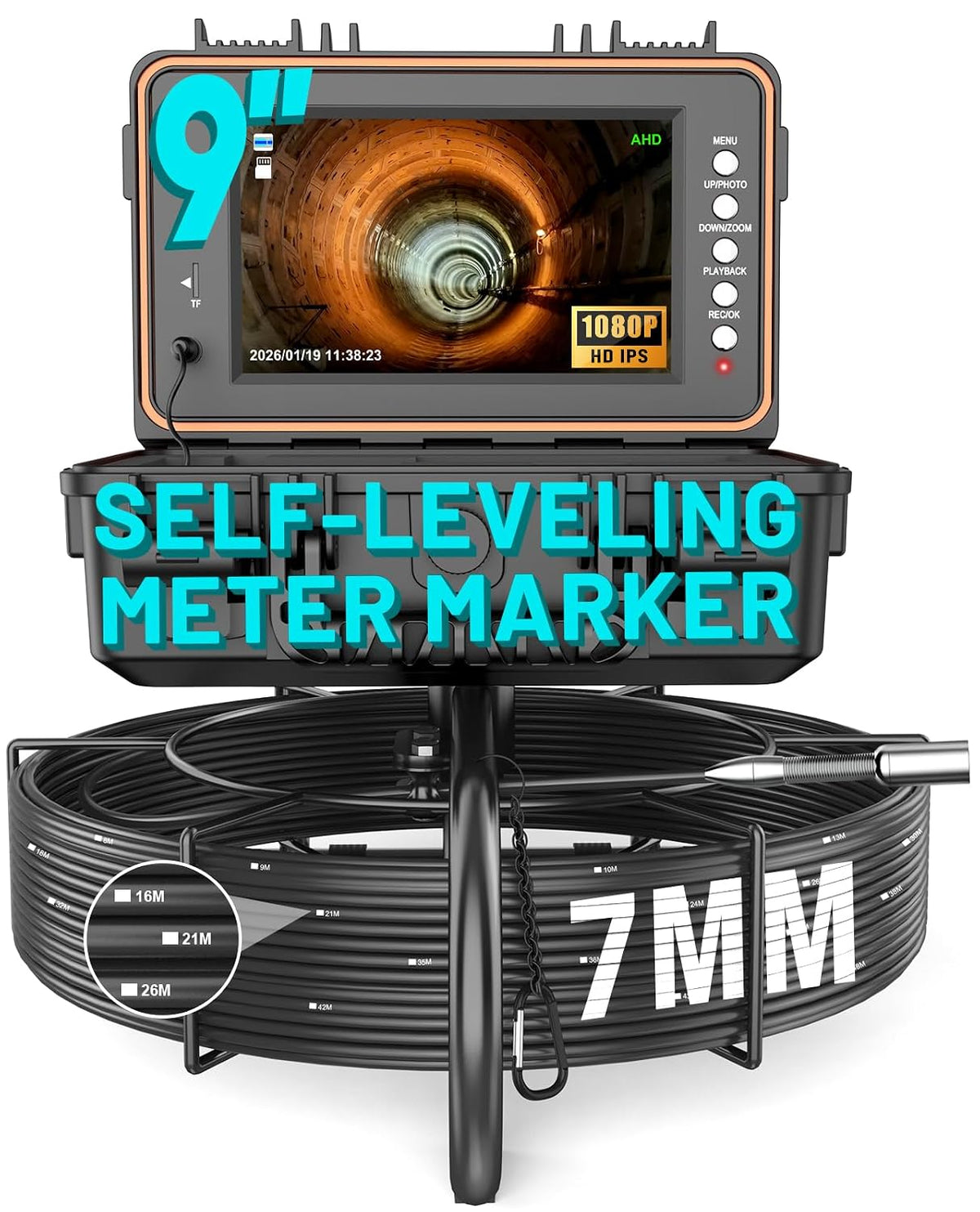 Anysun Sewer Camera Self Leveling 100ft, Sewer Inspection Camera with Meter Marker, HD Screen, DVR, 12 Adjustable LED Lights, 7mm Cable, 5100mAh Rechargeable Battery, 32GB Card