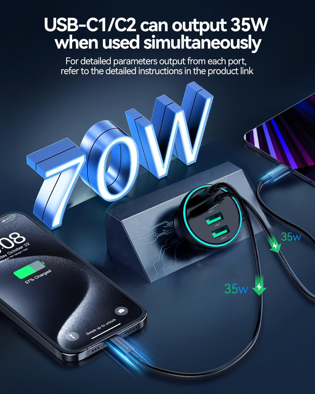 Rocoren 70W 4‑Port PD USB C Fast Car Charger Cigarette Lighter Adapter | For Multiple Devices, USBC Phone Charger Compatible with iPhone 17/17 Air/16/15 Pro Max, Samsung S25, Pixel