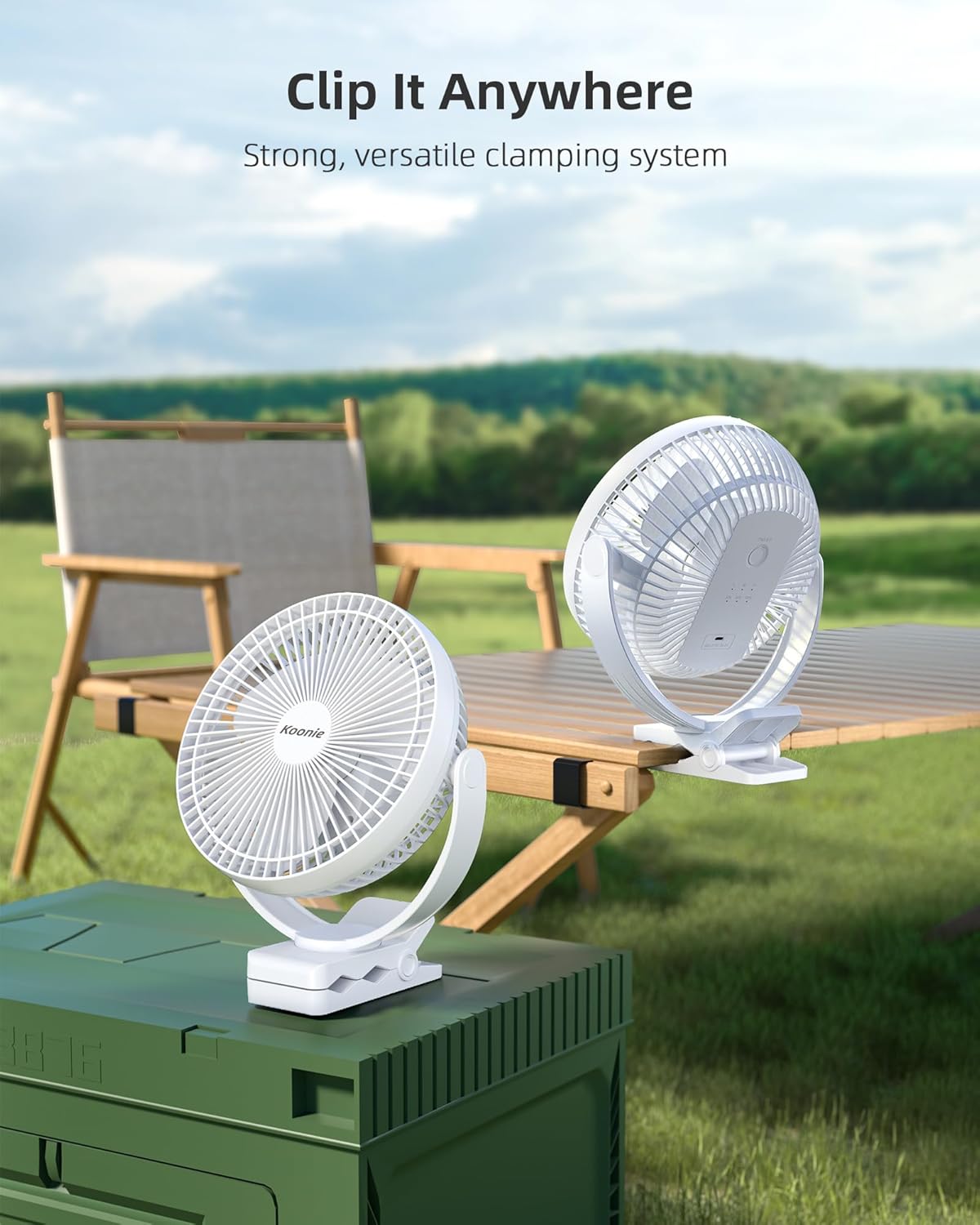 Koonie 8" Clip on Fan, 10000mAh Rechargeable Battery, Strong Airflow | 4 Speeds, Sturdy Clamp, Ideal Portable USB Desk Fan for Office, Golf Cart, Camping, Travel, Tent, Outdoor, Treadmill & Gym