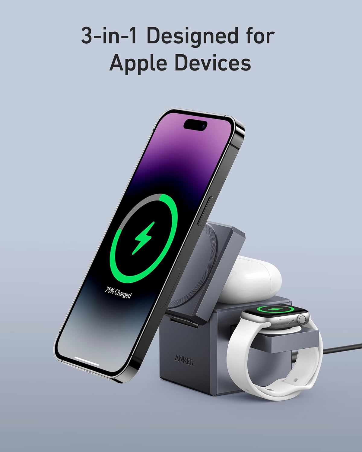 Anker 3-in-1 Cube MagSafe Compatible 15W Foldable Charging Station | Wireless Charger, Compact Desktop Stand for iPhone 17 / 16 Series, Apple Watch, and AirPods (Adapter Included, Non-Battery)