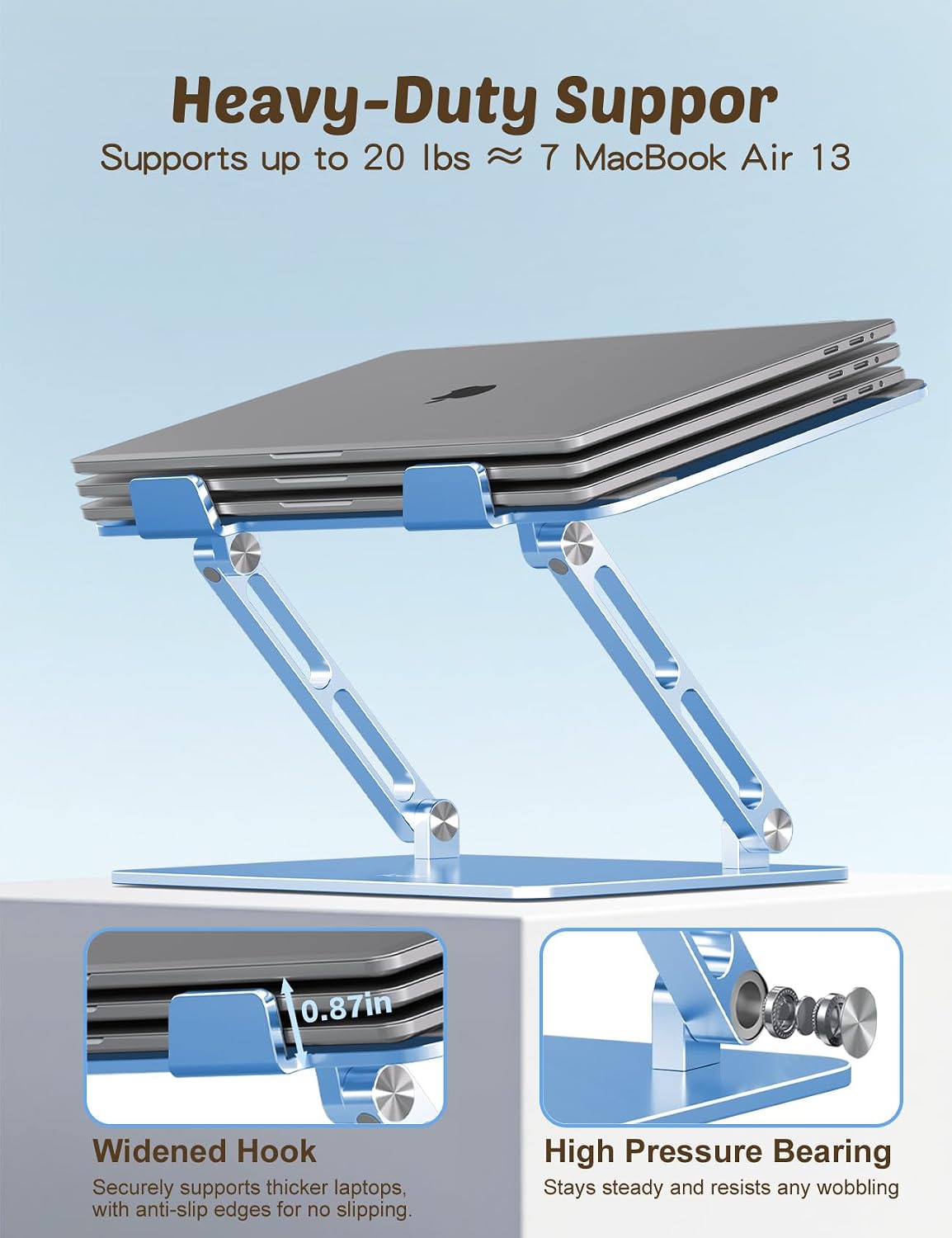 Aoviho Laptop Stand for Desk – Adjustable Aluminum Laptop Riser with Unique Cat-Shaped Cooling Vent, Portable Desk Gift & Decor, Compatible with MacBook Air Pro, Dell, HP, Lenovo (10"-17.3"), Sky Blue