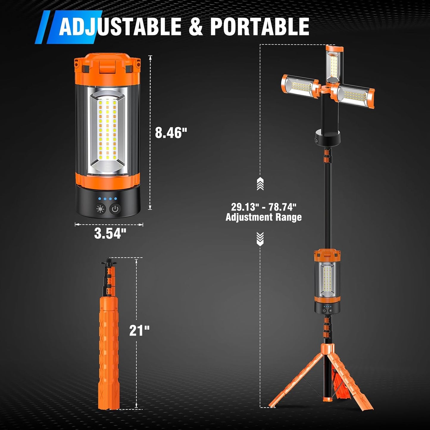 AKOFUN 12000mAh Camping Light with Stand, Portable Rechargeable Work Light | 10000 Lumen Dimmable Cordless Work Light with 3 LED Lamp Heads, Magnetic Emergency Flashlight with 79" Detachable Tripod