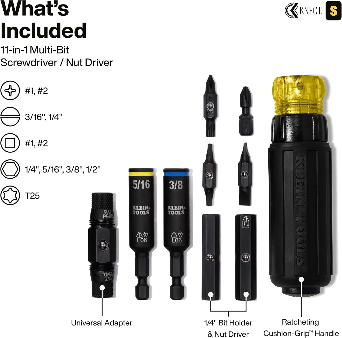 Klein Tools 32500HDRT KNECT Ratcheting Screwdriver, Multi-Bit Screwdriver/Nut Driver, Impact Rated 11-in-1 Tool with Phillips, Slotted, Square and Torx Tips