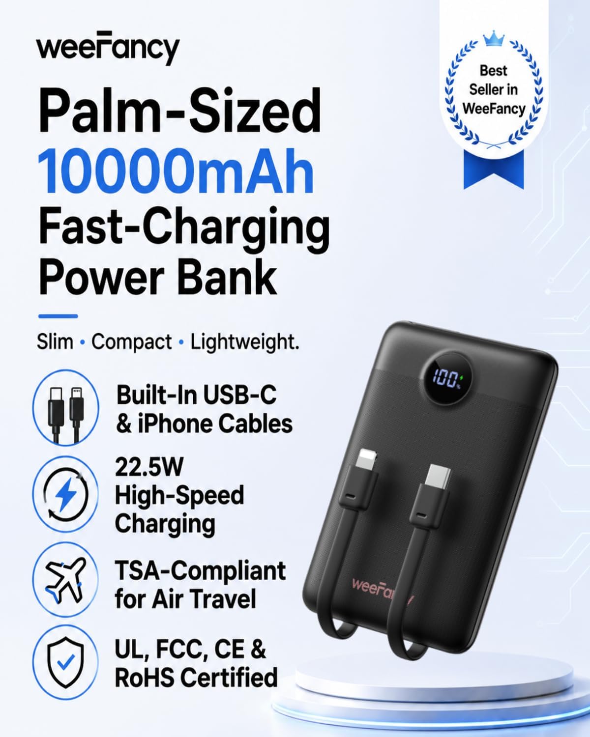 WeeFancy Compact Portable Charger 10000mAh with Built-in Cables | 22.5W Fast Charging Power Bank, Smaller Battery Pack for iPhone, Samsung, Android, Flight & Travel-Friendly, TSA-compliant