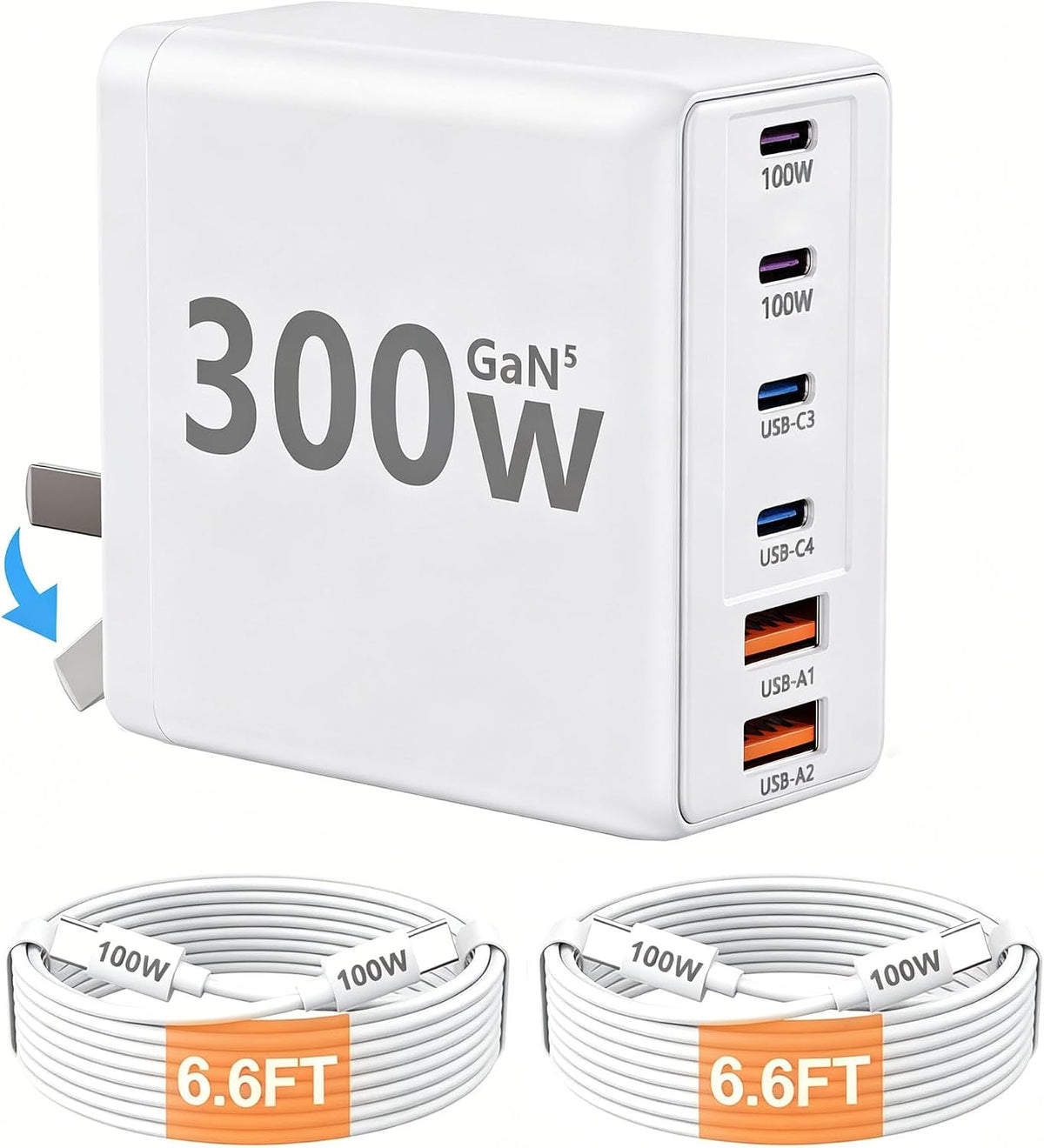 300W USB C Laptop Charger with 2 USB Cables 6Port Dual 100W