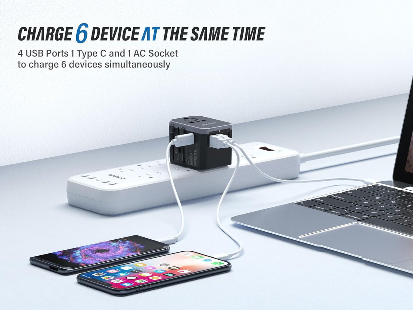 EPICKA Universal Travel Adapter with 1AC/1 USB-C/4 USB-A Ports | Travel Plug Adapter for EU/US/UK/AUS, Supports Charging for Multi-Device, Not A Voltage Converter, TA-105, Grey
