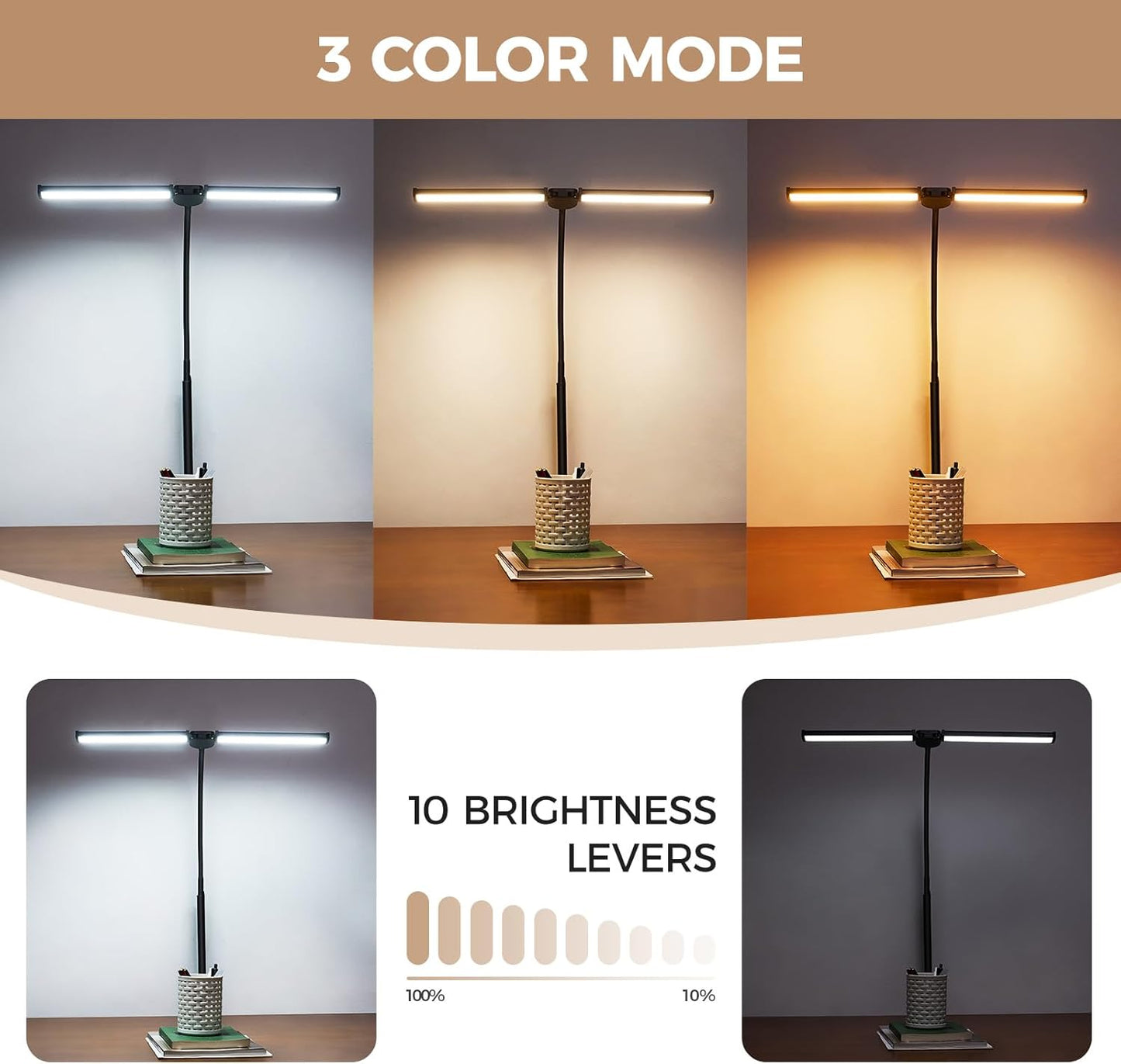 LED Desk Lamp for Home Office, Double Head Desk Light with Clamp | 3 Modes 10 Brightness, Long Flexible Goose-Neck, Eye-Caring, Memory Function, Energy Efficient, USB Adapter, Metal, Black
