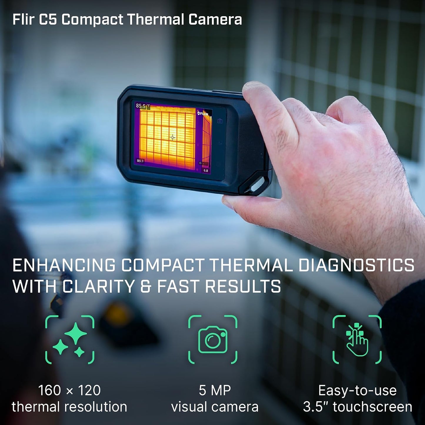 Flir C5 Compact Thermal Imaging Camera, WiFi, 160x120 MSX, Ignite | -20 to 400C, 5MP visual, LED flashlight, Ignite cloud, pocket, battery, charger, case
