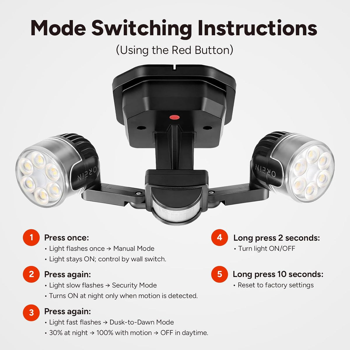 OREiN Motion Sensor Outdoor Security Lights, Dual-Head Adjustable LED Flood Lights, 3 Modes (Motion/Manual/Dusk to Dawn), 150W Equivalent, 5000K, IP65 Waterproof, Hardwired, Black (2 Pack)