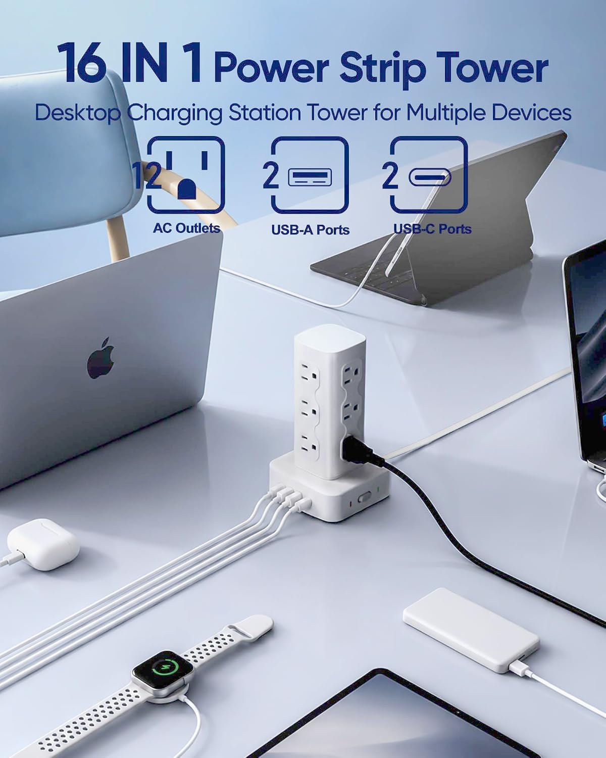 Power Strip Tower Surge Protector(2000J), Flat Plug Charging Station Tower with 12 AC Outlets & 4 USB Ports(2 USB C), 6FT Extension Cord for Home Office Dorm, White