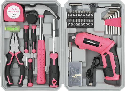 Hi-Spec 4V USB Electric Screwdriver Tool Kit for Home Repairs, Pink | 42pc, fast assembly help, common screw bit selection, LED visibility, compact grip, quick household fixes, organized storage