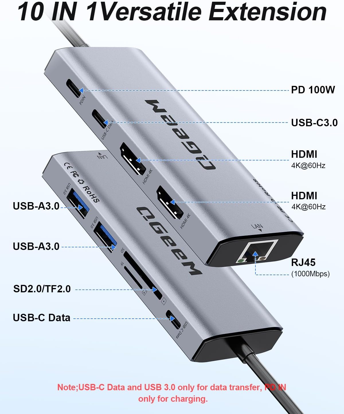 USB C Hub,10 in 1 Laptop Docking Station 2x4K@60Hz,Type-C Multiport Adapter with Dual HDMI,PD100W,5Gbps Data Ports,Extender Splitter,Card Reader,Ethernet Dock for Mac/Dell/HP/Surface/Steam Deck