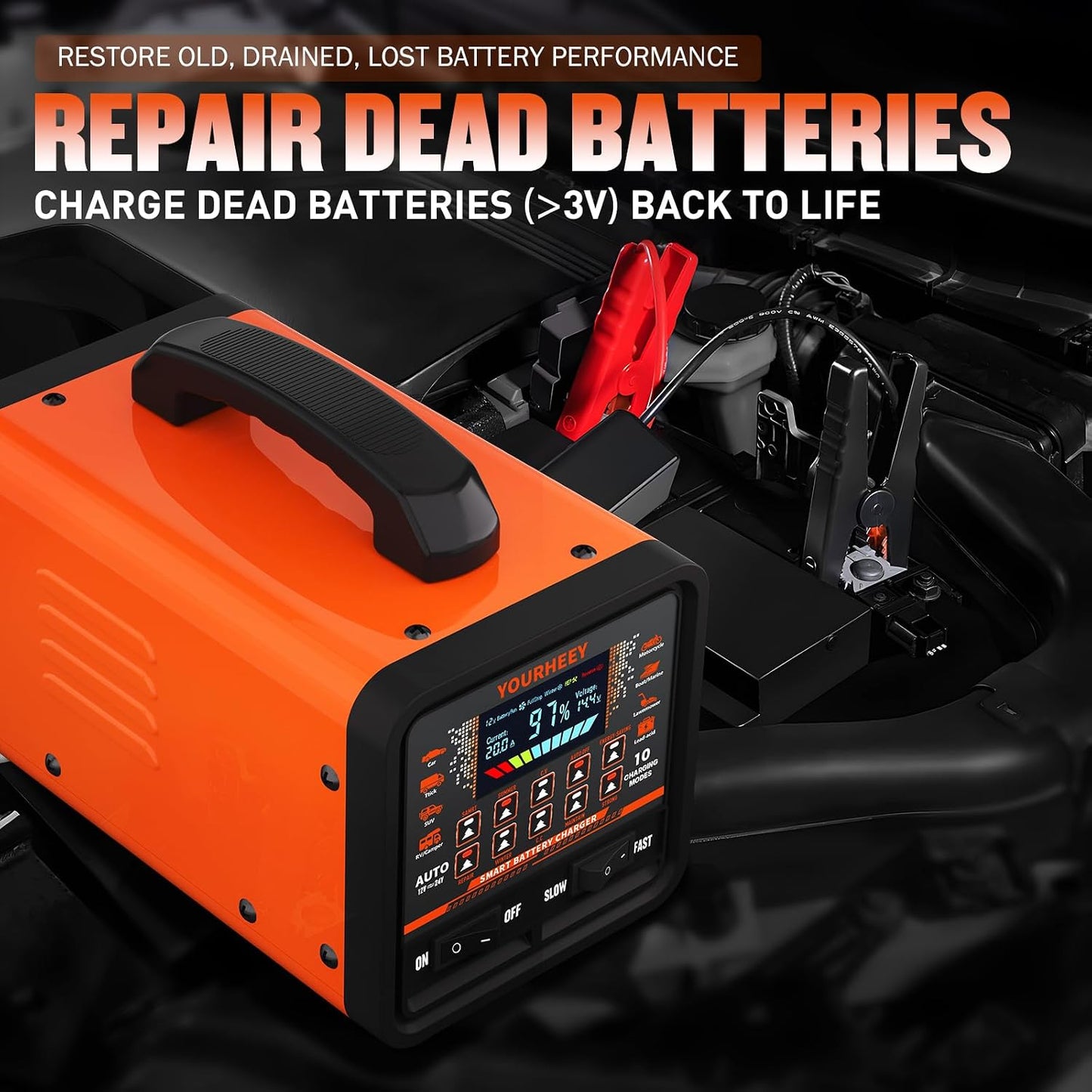 2026 Upgraded 0-20A Car Battery Charger, 12V/24V Heavy Duty Smart Fully Automatic Battery Maintainer with Color LCD Screen, 10-Mode Pulse Repair Trickle Charger for Car Truck Boat Motorcycle