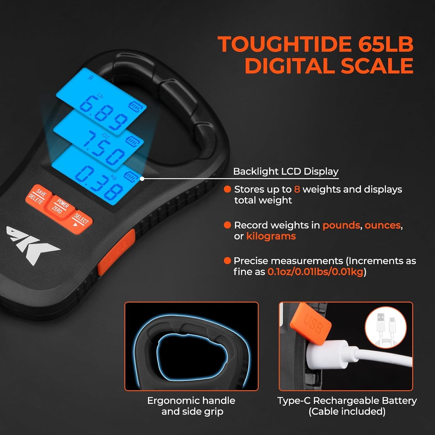 KastKing ToughTide USB Charging Fishing Scale, Fishing Gear for Men | 65 lb Capacity, Ultra-Thin Design, LCD Display, 8 Weight Memory, oz/lb/kg Multi-Modes, Fishing Accessories
